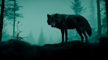 Fototapeta premium Majestic Wolf Standing Proudly in Dense Forest Surrounded by Mist, Capturing the Essence of Wilderness and Natural Beauty in Enigmatic Atmosphere