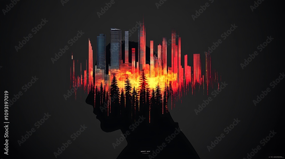 Poster man in profile surrounded by a bustling cityscape blending urban elements with natural features in a