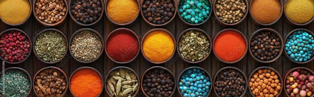 Aufkleber a vibrant display of colorful spices in traditional bowls arranged in a neat pattern on a wooden bac