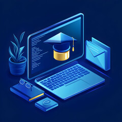3D Illustration - Online Education Graduation Cap Laptop