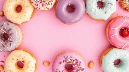 Minimalistic space with a stack of assorted donuts on a pink background, advertising, template