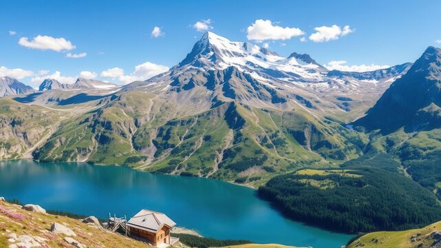 Minimalistic space with a stunning view of the alpine highland, Fedaia lake, and the majestic Marmolada mountain in Trentino Alto Adige, Italy, sunny day, Marmolada mountain