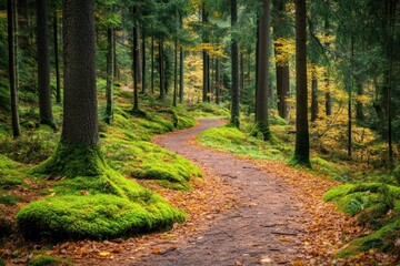 Obraz premium Autumn Forest Path Winding Through Mossy Trees