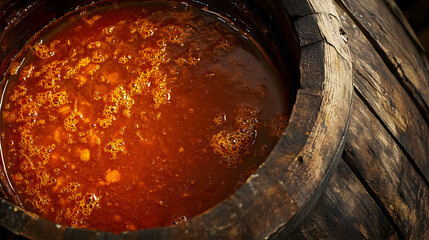 Spicy Hot Sauce Fermentation in Rustic Wooden Barrel