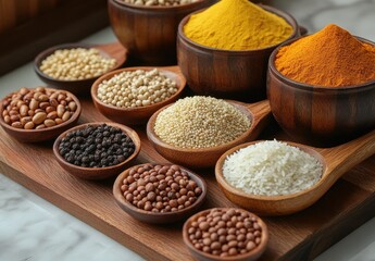 A Vibrant Display of Various Spices and Grains in Wooden Bowls and Spoons on a Smooth Marble Surface, Perfect for Culinary and Food Photography