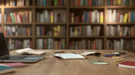A wooden desk close-up with a laptop, open notepads, and scattered pens, set against a blurry bookshelf backdrop filled with books