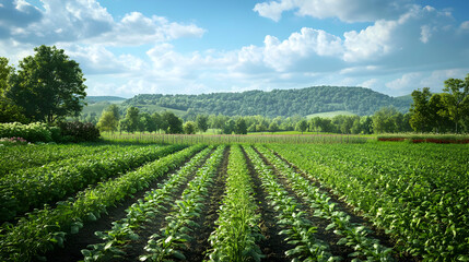 Fototapeta premium Realistic Image - Lush Green Field, Trees, and Hills Under Blue Sky