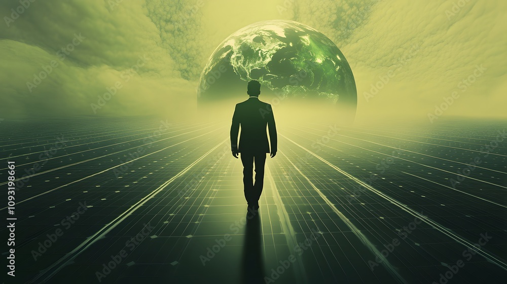 Aufkleber surreal landscape of a businessman walking towards a green planet with futuristic elements and atmos
