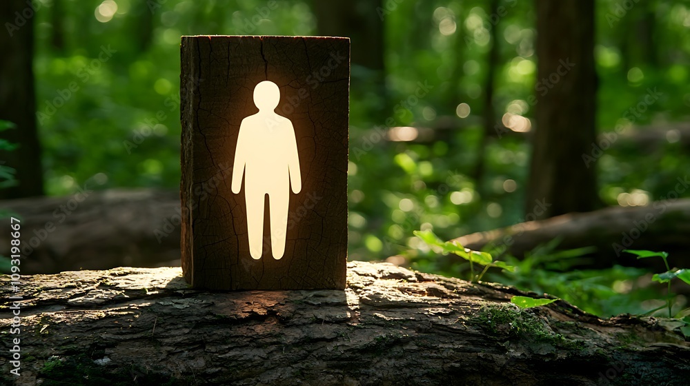Poster mysterious path through forest illuminated by soft light emitting from wooden figure, inviting explo