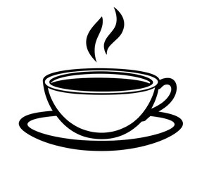 Black Silhouette of a coffee cup with steam rising on a white background.