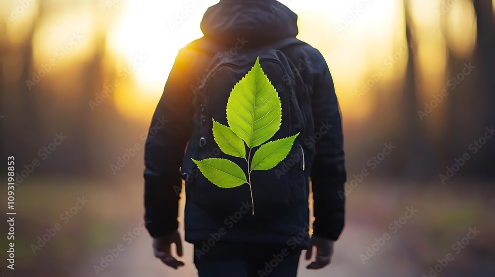 Poster mysterious forest path illuminated by soft light with a subject walking towards the unknown in a ser