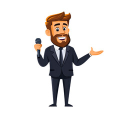 cartoon man in suit holding microphone, smiling and gesturing. He appears confident and engaging, perfect for presentation or event