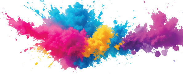A vibrant explosion of multicolored powder creates a stunning, colorful cloud against a white background, capturing the energy and beauty of a Holi-inspired paint burst.