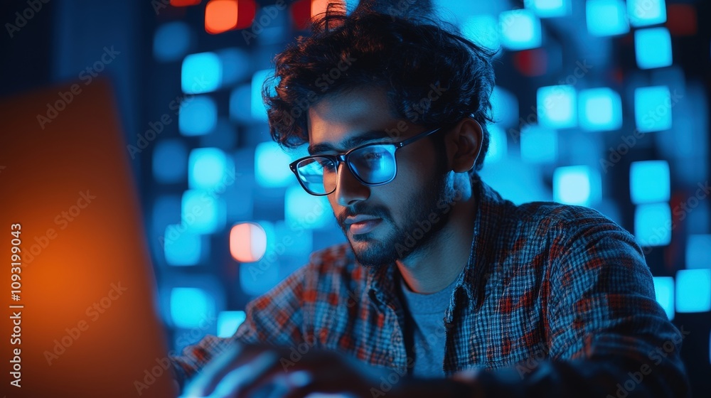 Poster a young indian man working on a laptop in front of a blue cubes background, a tech worker with glass