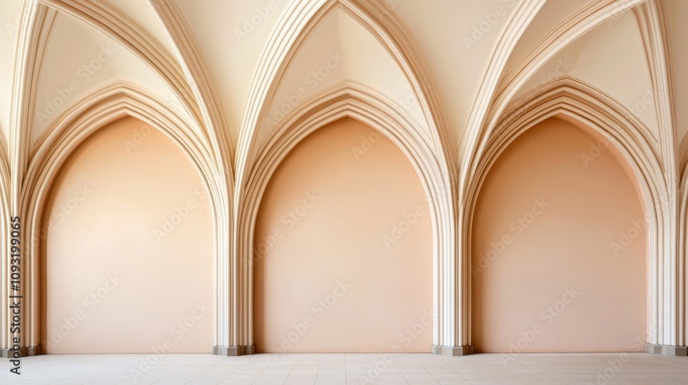 Poster clean architectural arches in soft peach tones symmetrical design with delicate lighting creating a 
