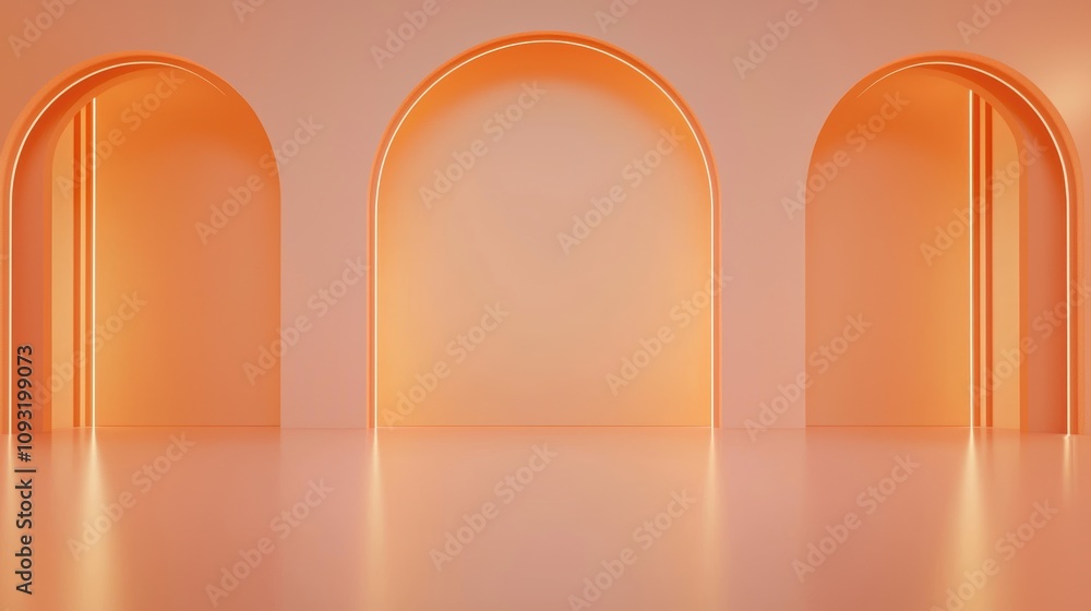 Poster clean architectural arches in soft peach tones symmetrical design with delicate lighting creating a 