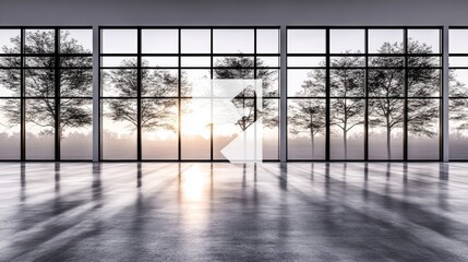 Fototapeta premium Sunrise through large windows in a minimalist room. The warm light casts shadows on the polished floor, creating a serene atmosphere. 