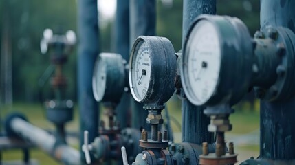 An industrial scene with pressure meters, gas gauges on metal structure, outdoor setting of gas plant, overcast sky hinting at rain. Industry functionality vibes.
