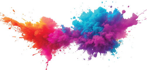 A vibrant explosion of multicolored powder creates a stunning, colorful cloud against a white background, capturing the energy and beauty of a Holi-inspired paint burst.