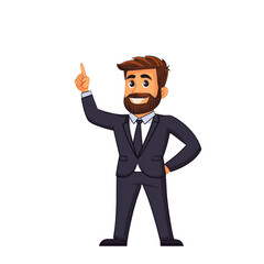 cartoon man in suit is pointing upward with confident smile, conveying sense of positivity and inspiration