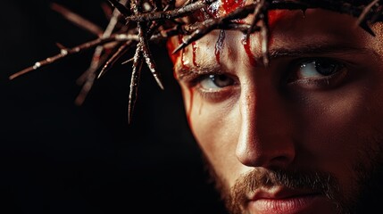 Dramatic closeup of a contemplative man in a crown of thorns impressionist brushstrokes blending light and shadow representing faith