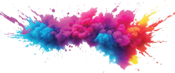 A vibrant explosion of multicolored powder creates a stunning, colorful cloud against a white background, capturing the energy and beauty of a Holi-inspired paint burst.