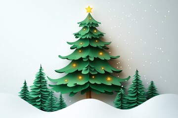 Obraz premium Stunning Paper Cut Christmas Tree in a Winter Scene with Snow and Green Pine Trees, Perfect for Holiday Greetings and Festive Celebrations