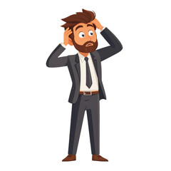 cartoon man in suit looks confused, scratching his head in thought. His surprised expression conveys sense of uncertainty and contemplation