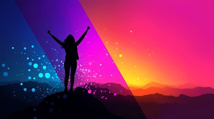 A Person Standing on a Mountaintop with Arms Raised, Celebrating Achievement Against a Dramatic Colorful Sunset Background