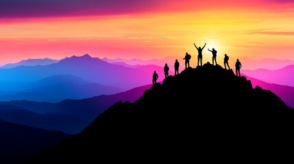 Inspirational Moment of a Person Standing on a Mountaintop with Arms Raised Against a Colorful Sunset Sky, Symbolizing Triumph and Achievement in Nature