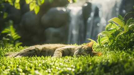 Cat Sleeping in Grass Near Waterfall, Peaceful Nature Scene, Serene Pet Photo, Green Meadow, Summer Day