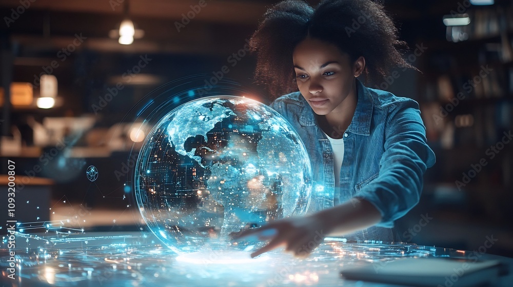 Poster recruiter managing diverse virtual team on interactive globe for modernized hiring practices