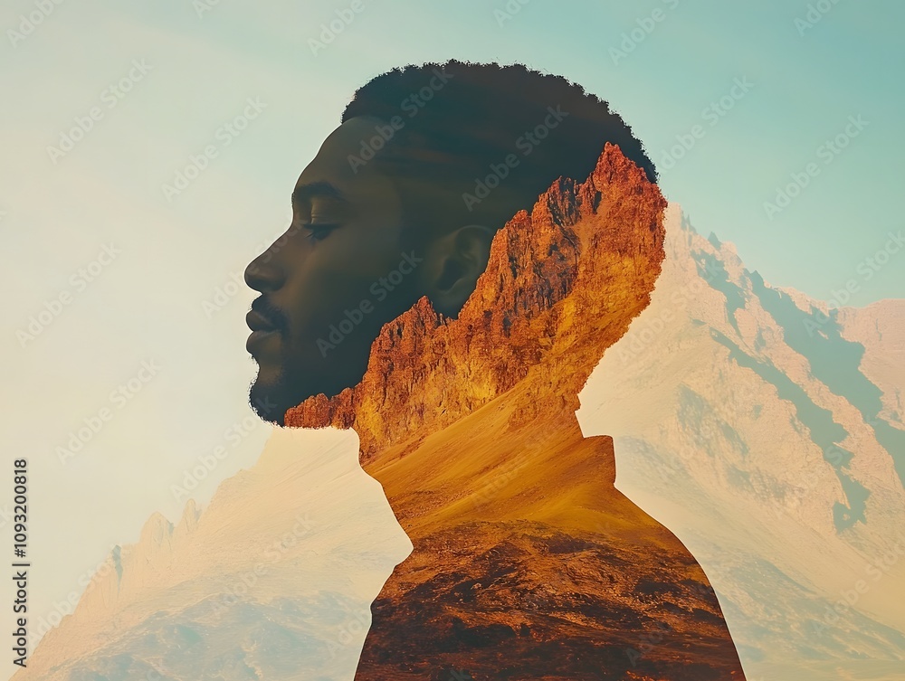 Poster captivating double exposure portrait of a man with mountain landscape, evoking feelings of nature, r