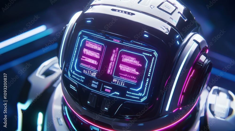 Poster Futuristic Robot Helmet Displaying Neon Data Streams