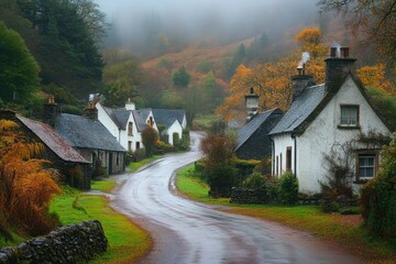 Obraz premium Misty Autumn Village Road Scenic Houses