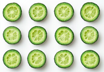 Fototapeta premium Freshly Sliced Green Limes Arranged in a Neat Pattern on White Background, Showcasing Juicy Fruit Texture, Vibrant Color, and Natural Refreshment for Culinary Use
