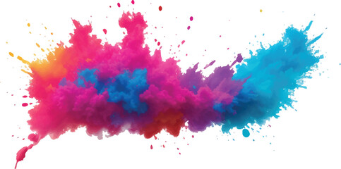 A vibrant explosion of multicolored powder creates a stunning, colorful cloud against a white background, capturing the energy and beauty of a Holi-inspired paint burst.