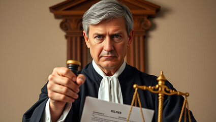 Judge handing down a ruling with a serious expression, capturing the decisive and weighty aspect of judicial authority, symbolizing responsibility and fairness