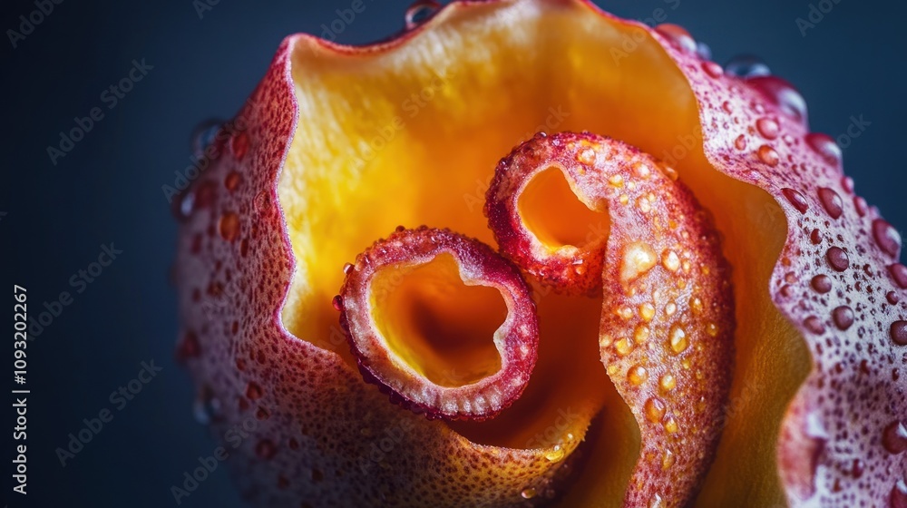 Poster close-up image of a vibrant flower petal with water droplets, showcasing intricate patterns and text