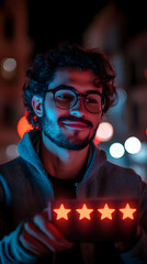 Photo - Man Giving 3-Star Review on Phone at Night