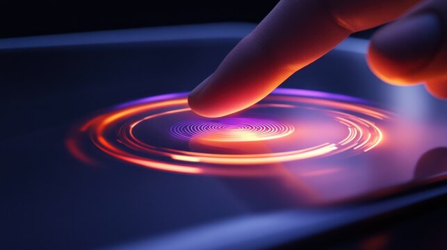 Finger touches glowing circle on a digital surface.
