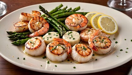 Elegant Seafood Plate with Lemon, Garlic Butter, and Roasted Vegetables