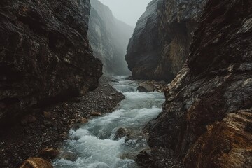 Misty Mountain River Flows Through Dark Canyon Gorge