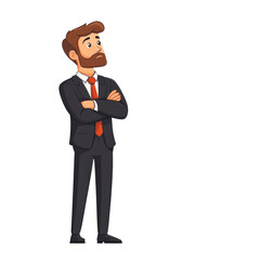 Obraz premium cartoon man in suit stands with arms crossed, looking thoughtful. His expression conveys contemplation and confidence