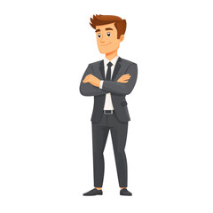 Obraz premium cartoon man in suit stands confidently with arms crossed, exuding professionalism and charm. His stylish appearance and confident posture make him great representation of success