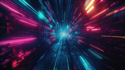 Fototapeta premium Neon Lightspeed Hyper Tunnel: A Digital Journey Through Vivid Colors and Futuristic Technology
