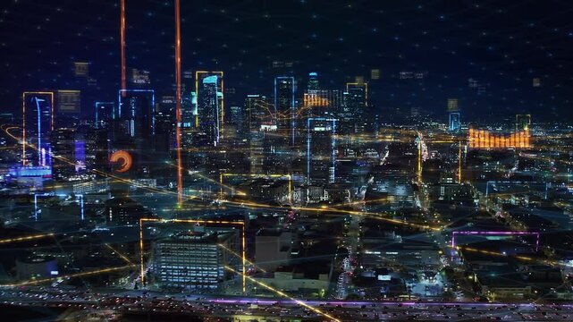 
Modern Digital Smart City Cityscape Skyline. Global Communications And Networking. Cyberspace In Los Angeles. Futuristic High-Speed Big Data Internet Connection Technology Network Real.
