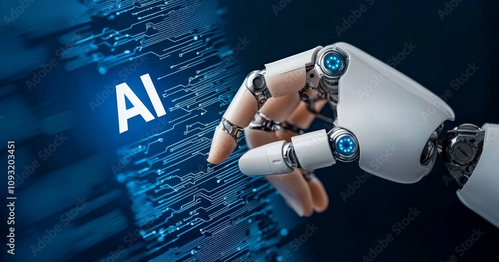 Poster Hands of robots and humans touching a large data network connection background, Science and stock technology, and innovation.