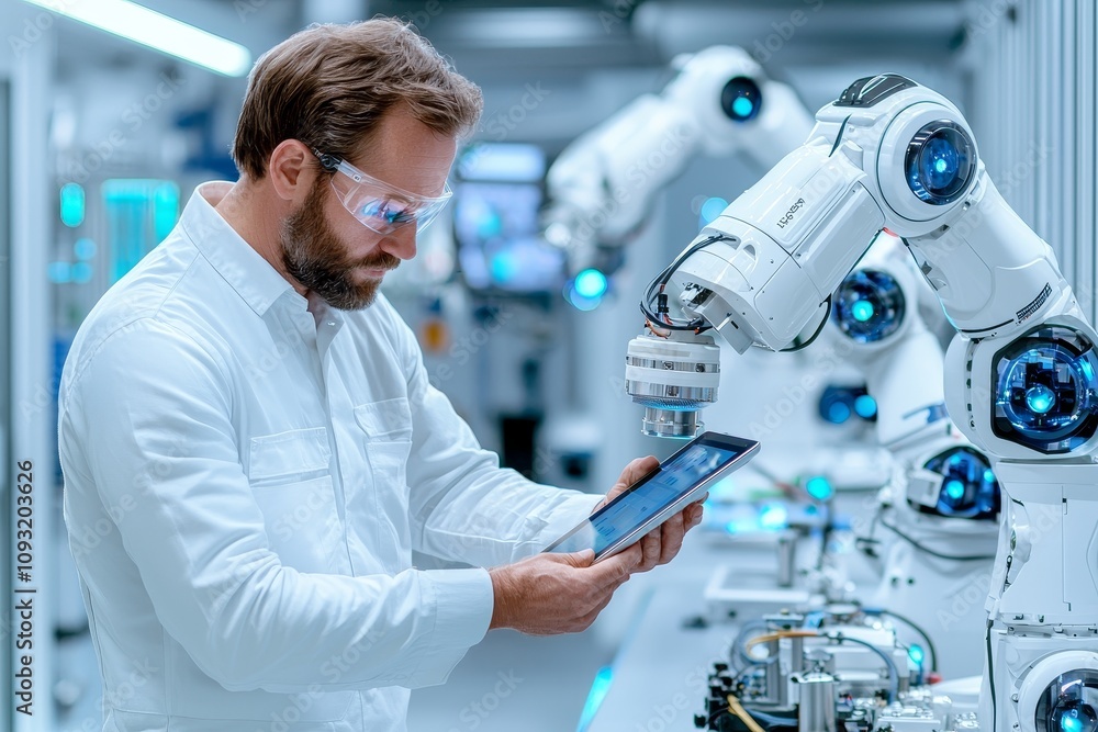 Aufkleber a young engineer standing in front of a factory's machinery while holding a digital tablet
