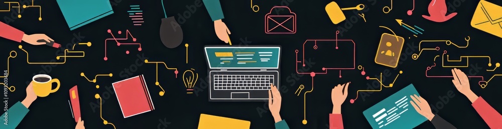Poster an individual using a laptop computer to conduct distance learning